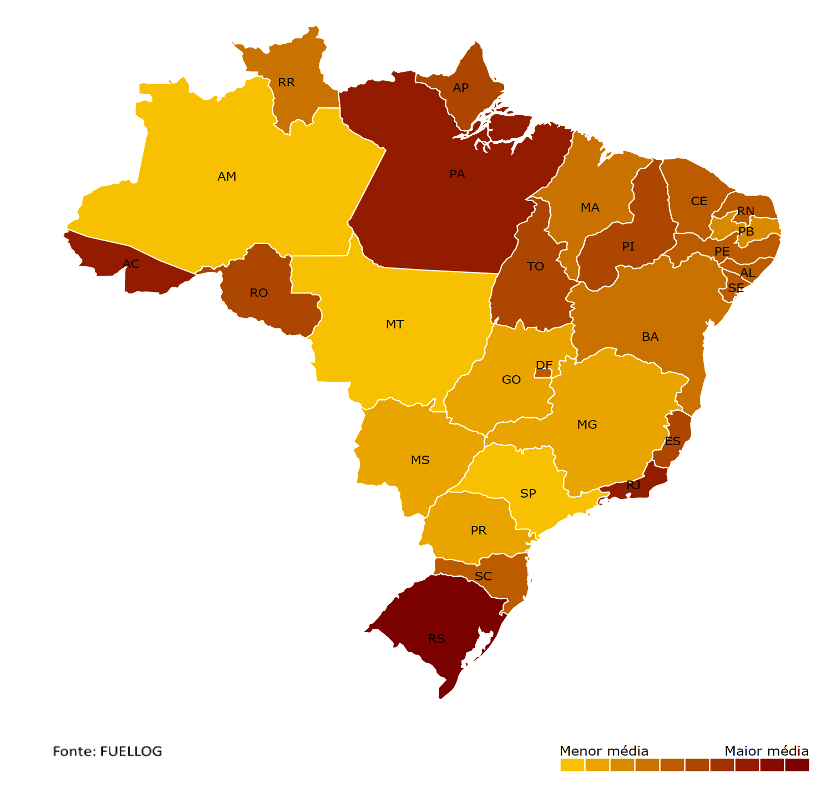 Mapa com a média de preço do Etanol por estado do Brasil