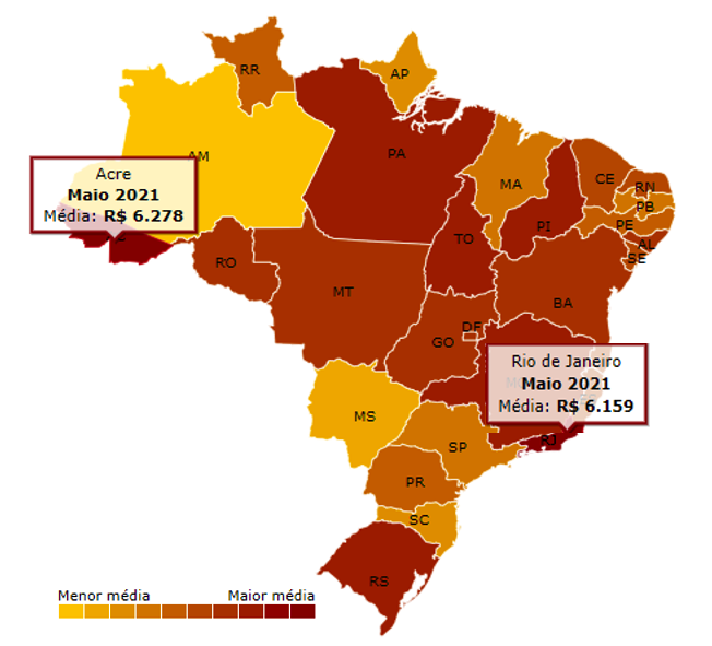Mapa do Brasil com a média no preço da gasolina