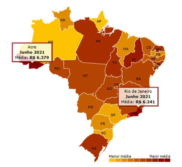 Mapa com a média no preço da gasolina comum por estado do Brasil